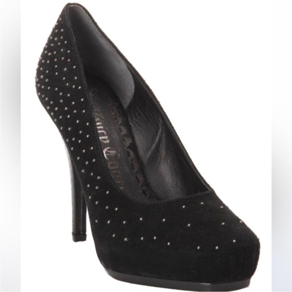 Black Waxy Suede Studded Heel Pumps